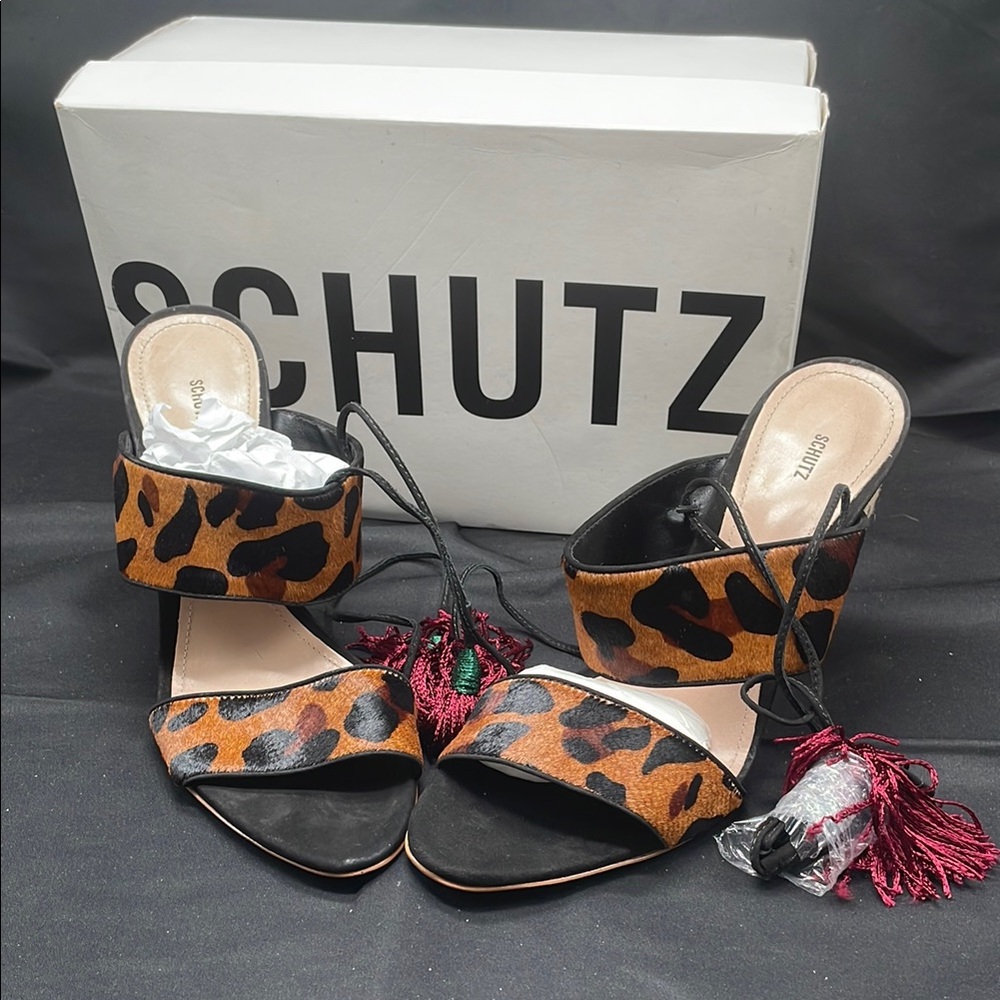 SCHUTZ Leopard Print Lace-Up Block Heel Sandals - Brown Black